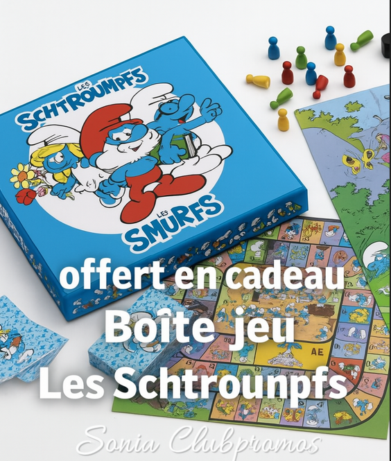 Boîte de jeu Les Schtroumpfs offerte en cadeau avec le jeu de société coloré et amusant, incluant les pièces de jeu et le plateau illustré.