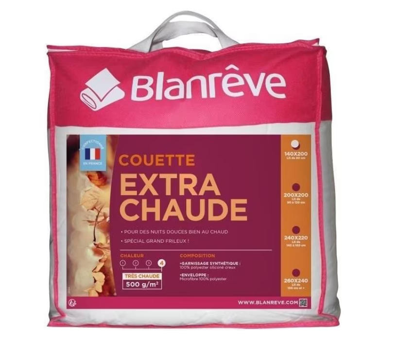 Couette extra chaude BLANRÊVE en microfibre 140x200 cm, garnissage 500 g/m² fibre creuse siliconée, certifiée Oeko-Tex, livrée dans une valise – bon plan Cdiscount