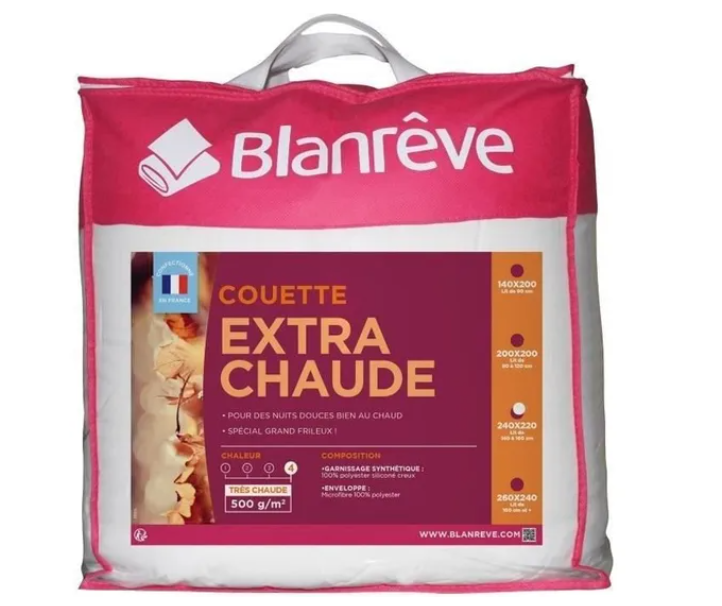 Couette extra chaude BLANREVE 500 g/m² en microfibre blanche, format 220 x 240 cm, idéale pour l’hiver et les chambres froides, lavable en machine, certifiée Oeko-Tex et vendue à petit prix chez Cdiscount