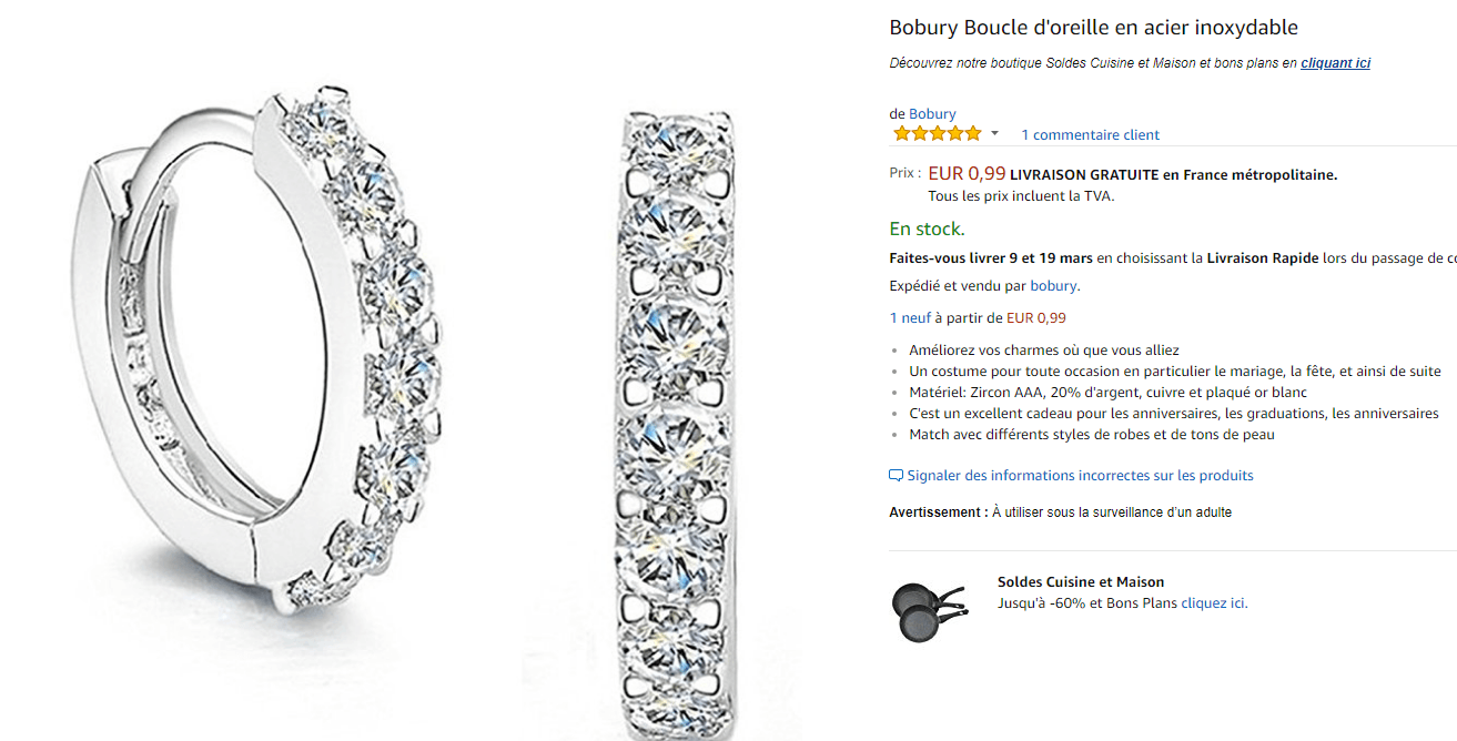 Bobury Boucle d oreille en acier inoxydable  Amazon fr  Cuisine   Maison.png