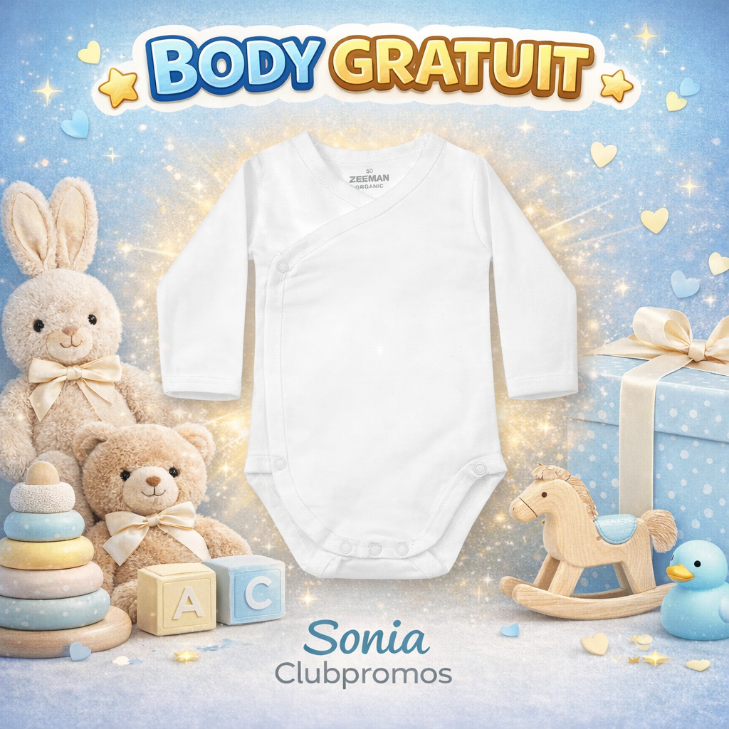 Recevez un body bébé gratuit en coton biologique. Offre sans achat, retrait en magasin, idéale pour jeunes et futurs parents.