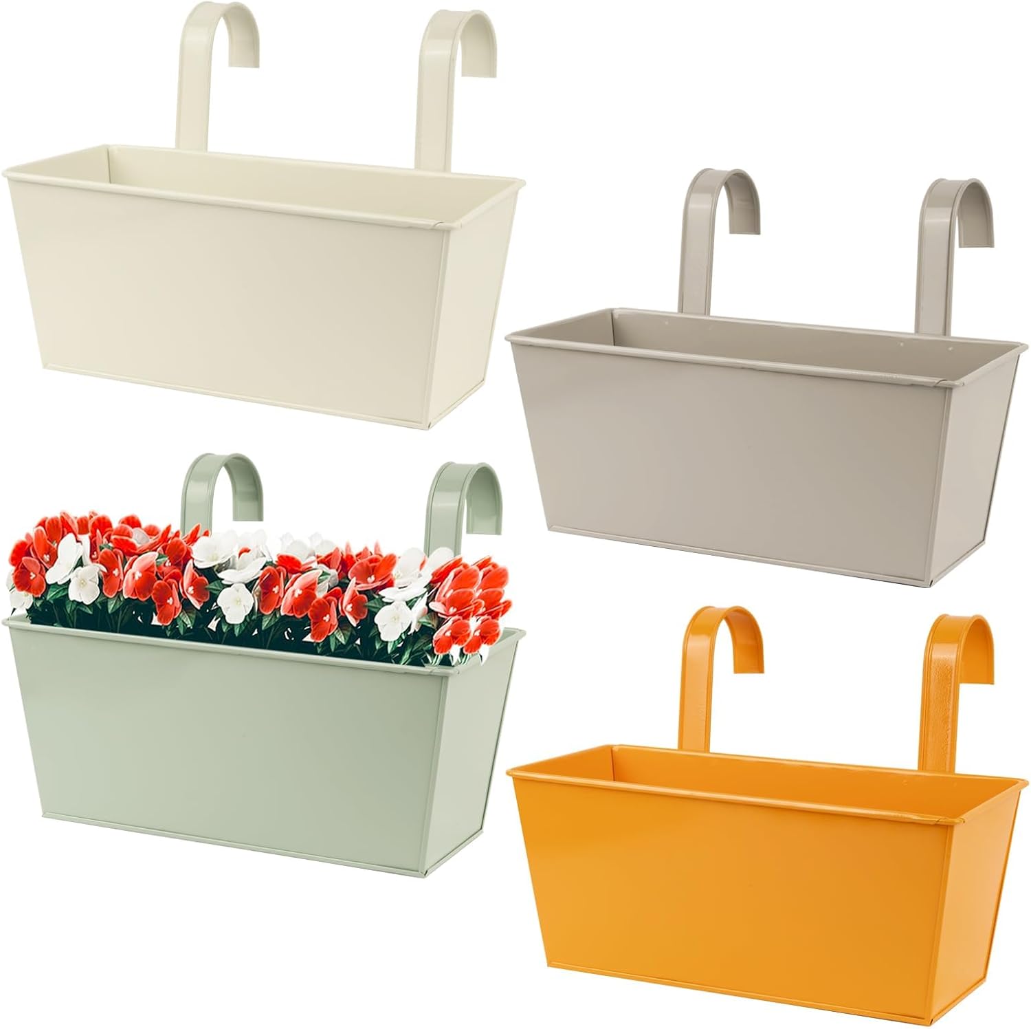 Lot BOFUNX de 4 pots de fleurs rectangulaires en métal à suspendre avec double crochet amovible et trous de drainage, pour balcon terrasse jardin, à 13,99€ sur Amazon.