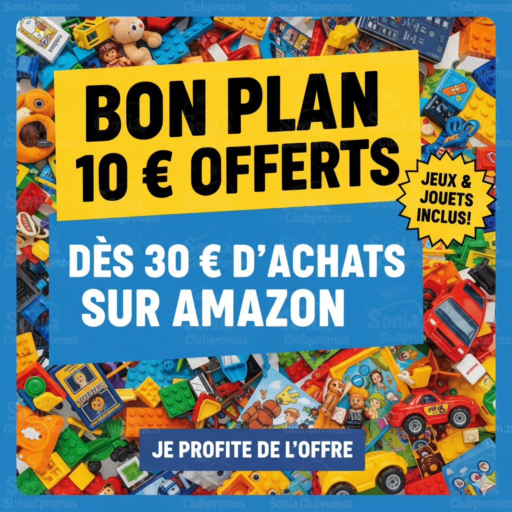 Bon plan Amazon : promotion 10 € offerts dès 30 € d’achats sur une sélection de jeux et jouets pour enfants, coffrets Play-Doh, jeux de société et jouets sous licences, idéal pour préparer les cadeaux de Noël avec une belle réduction.