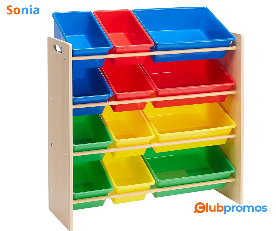 Bon plan amazon Amazon Basics Rangement pour jouets avec 12 pièces en plastique, Bois Naturel ...png