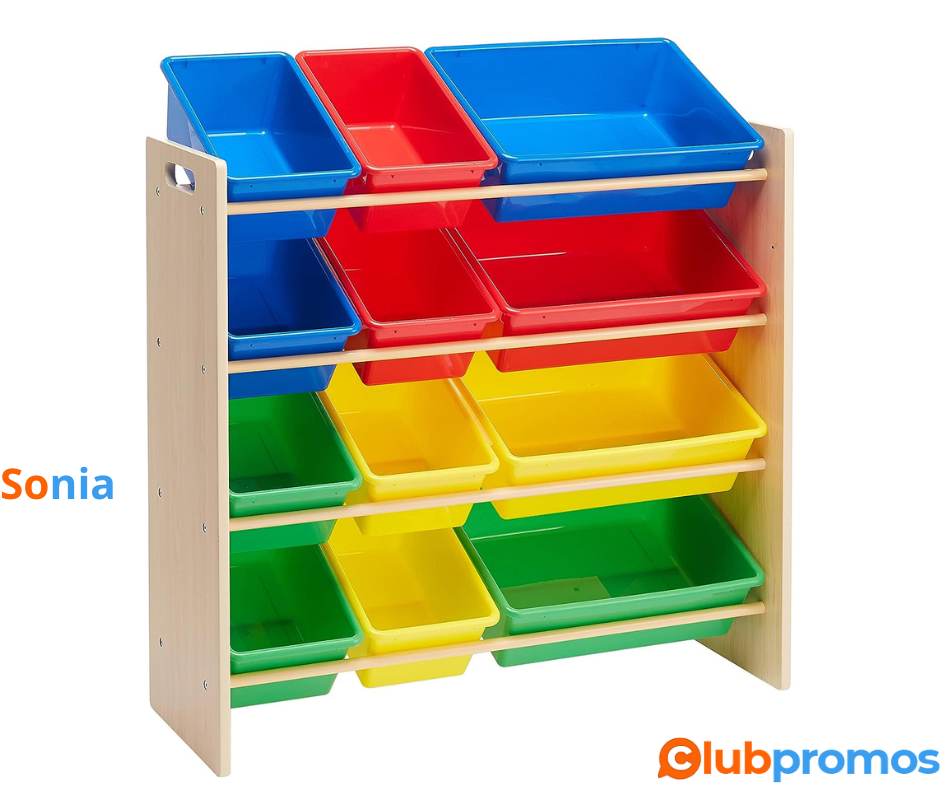 Bon plan amazon Amazon Basics Rangement pour jouets avec 12 pièces en plastique, Bois Naturel ...png