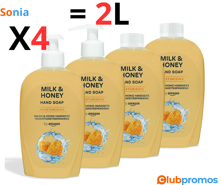 Bon Plan Amazon by Amazon Savon pour les mains Lait et miel, 4 x 500 ml .png