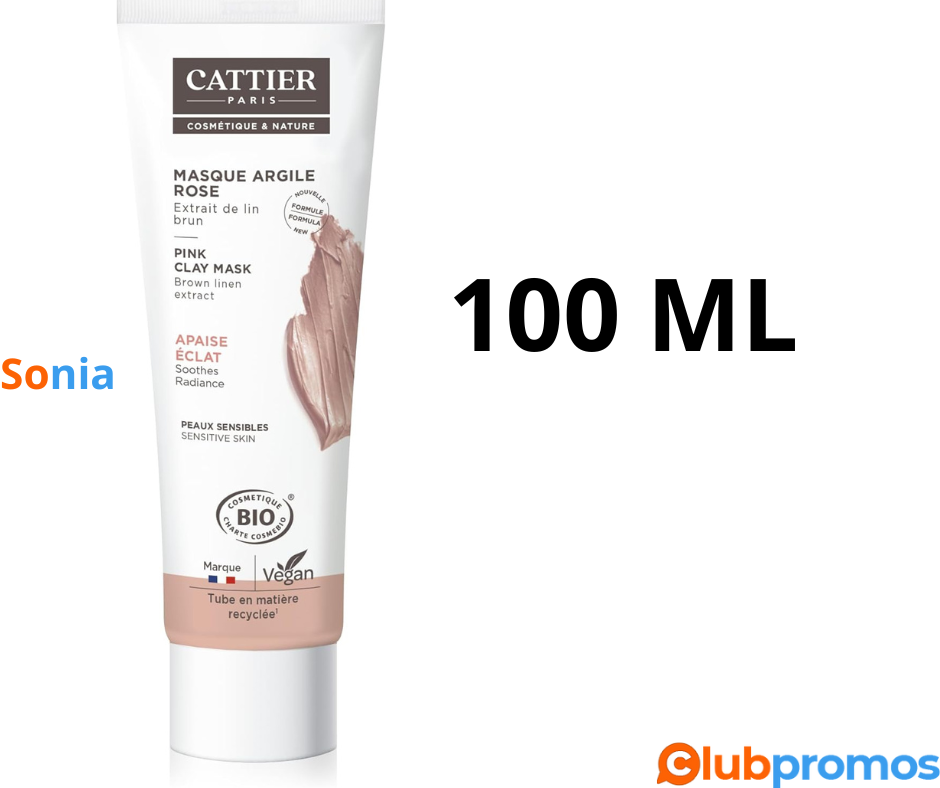 bon plan amazon CATTIER Masque Argile Rose - bio Douceur,Hydratant - 100ml Pour Apaisant.png