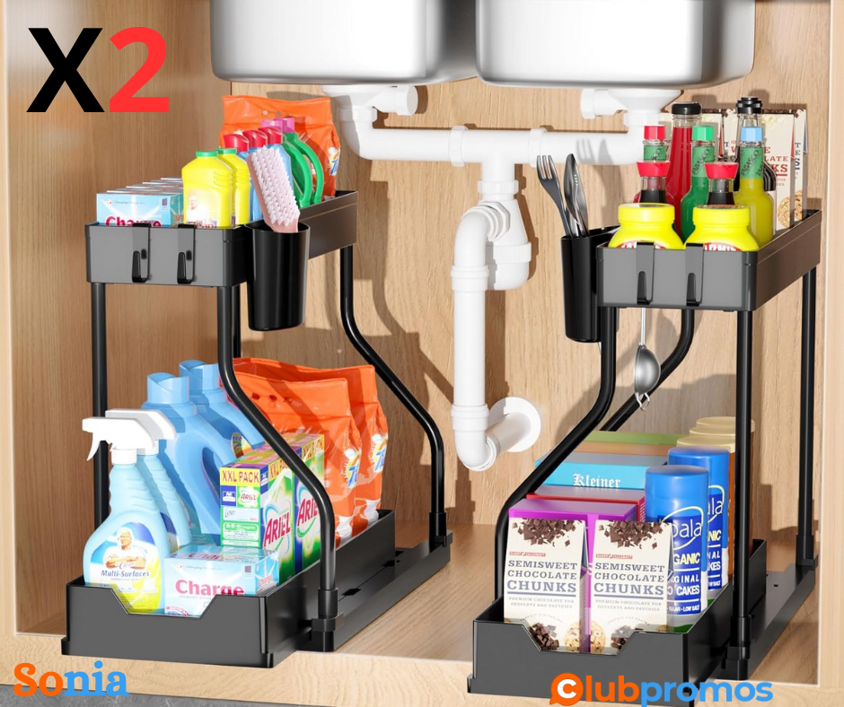 Bon plan amazon FAMKEEP Lot de 2 Rangement sous Evier,Étagère sous Évier avec 8 Patères et 2 V...png