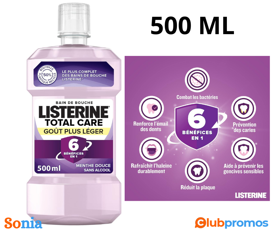bon plan amazon Listerine Bain de Bouche Quotidien Sans Alcool, Total Care Goût Plus Léger, Me...png