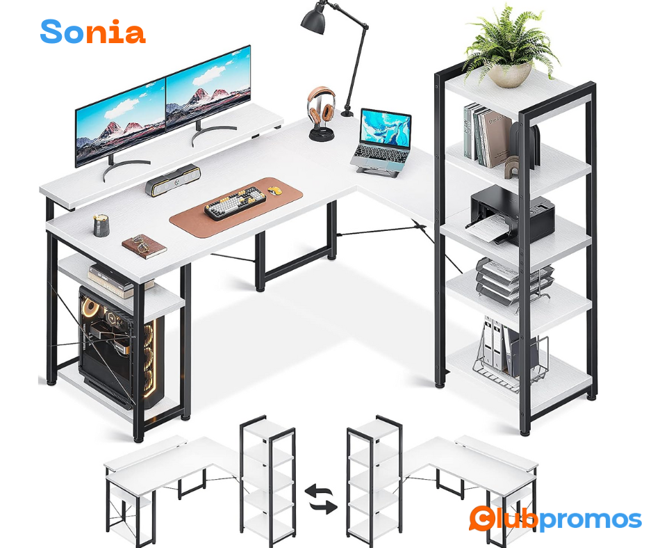 Bon plan amazon ODK Bureau d'angle, Bureau Informatique Réversible de avec Bibliothèque.png