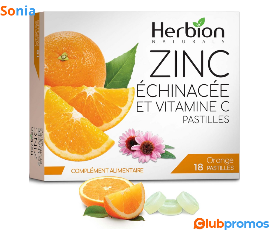 Bon plan Echinacea & Pastillas et Vitamine C Herbion Naturals Zinc à Saveur Naturelle d'Orange...png