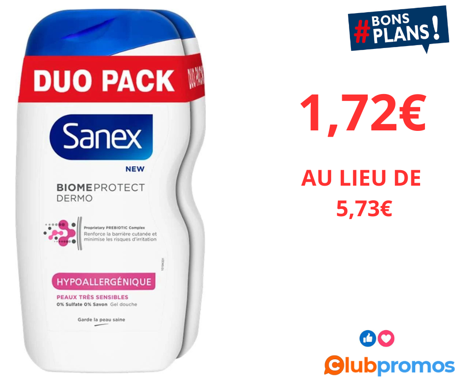 Bon plan Lot de 2 gels douche Sanex à 1,72€ au lieu de 5,73€ chez E.Leclerc avec 70% reversés ...png
