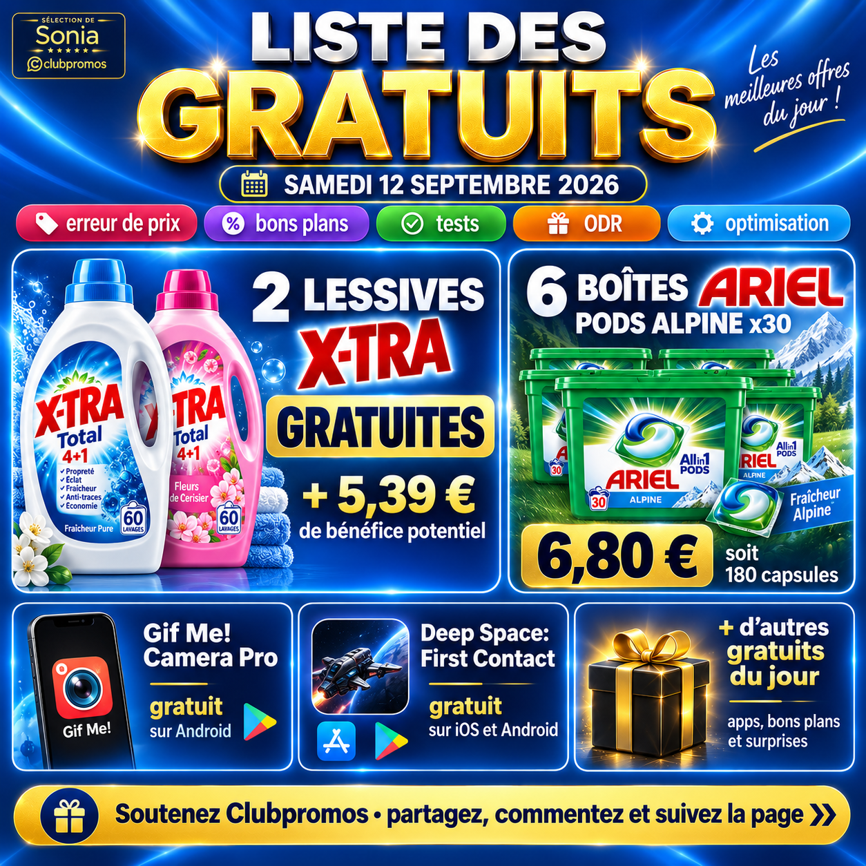 Liste des gratuits et meilleurs bons plans du samedi 12 septembre 2026 sur ClubPromos