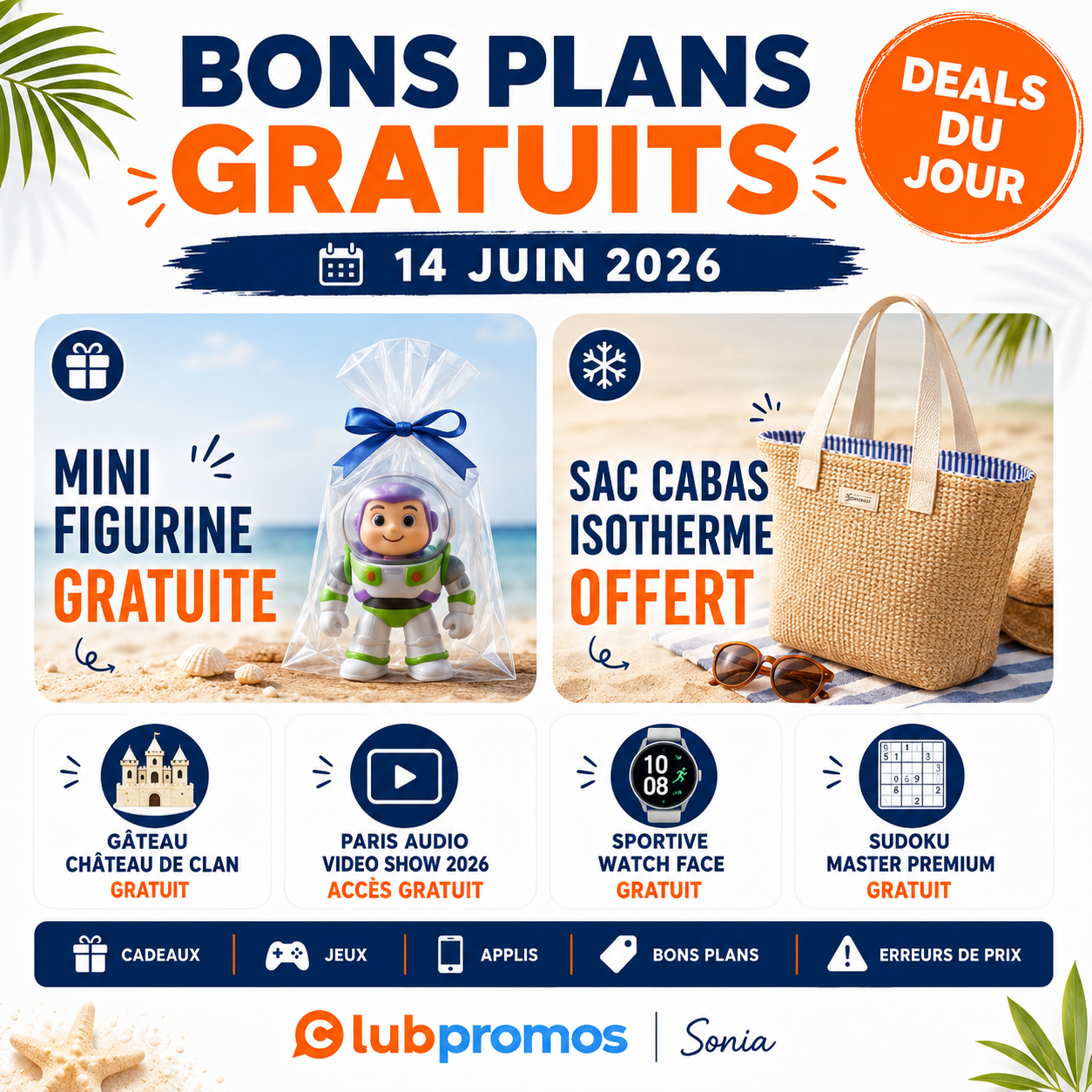 Visuel ClubPromos du dimanche 14 juin 2026 mettant en avant une mini-figurine Toy Story gratuite, un sac cabas isotherme Maison Garense offert, ainsi qu'une sélection de jeux, applications et cadeaux gratuits.