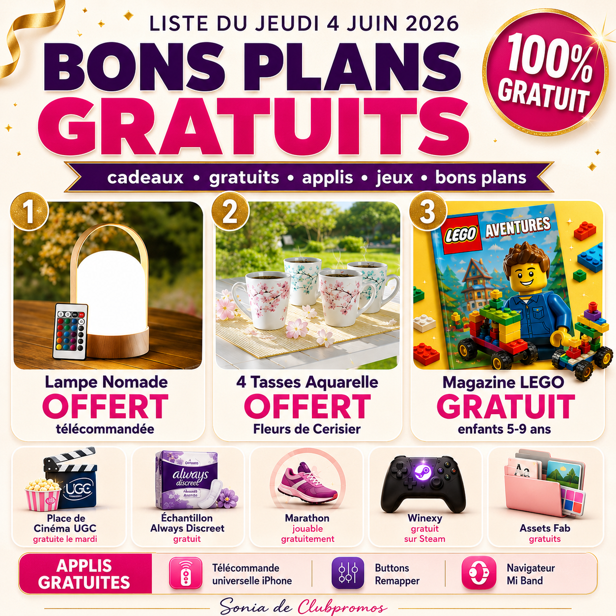 Bannière promotionnelle ClubPromos dédiée aux bons plans gratuits du jeudi 4 juin 2026. Les offres phares concernent la lampe nomade télécommandée offerte, les 4 tasses Aquarelle Fleurs de Cerisier offertes et le magazine LEGO gratuit pour les enfants de 5 à 9 ans. La sélection comprend également une place de cinéma UGC offerte, un échantillon Always Discreet gratuit, Marathon, Winexy sur Steam, Assets Fab gratuits et plusieurs applications gratuites.