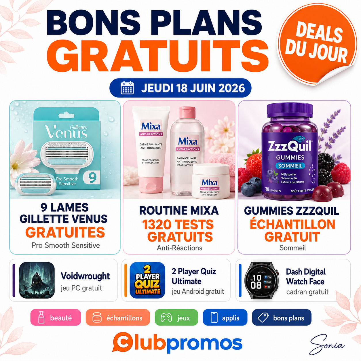 Bannière ClubPromos des bons plans gratuits du jeudi 18 juin 2026 avec Gillette Venus gratuit, tests Mixa gratuits et échantillons ZzzQuil Sommeil.