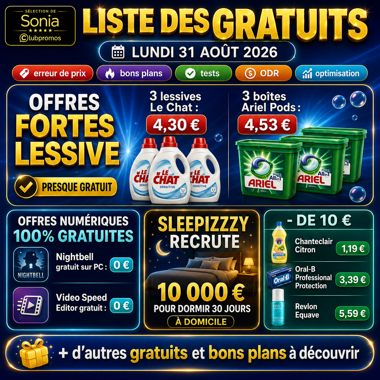 Liste des bons plans et gratuits du lundi 31 août 2026 avec 3 lessives Le Chat à 4,30 €, 3 boîtes Ariel Pods à 4,53 €, gratuits numériques et offre Sleepizzzy à 10 000 €.