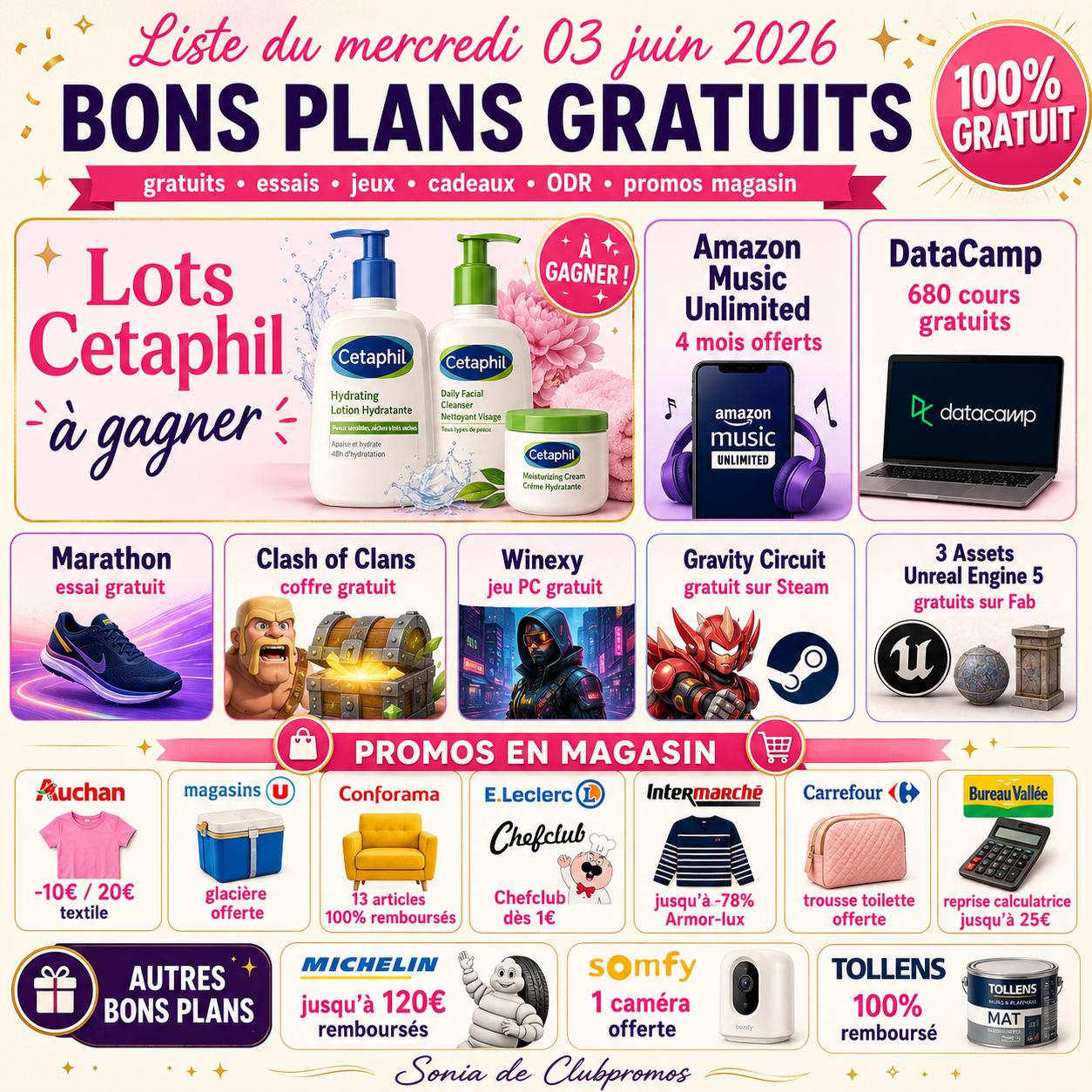 Visuel ClubPromos du mercredi 03 juin 2026 mettant en avant les lots Cetaphil à gagner, Amazon Music Unlimited avec 4 mois offerts, DataCamp et ses 680 cours gratuits, Marathon en essai gratuit, un coffre gratuit Clash of Clans, Winexy gratuit, Gravity Circuit gratuit sur Steam, des assets Unreal Engine 5 gratuits, ainsi que plusieurs promotions en magasin et offres de remboursement.