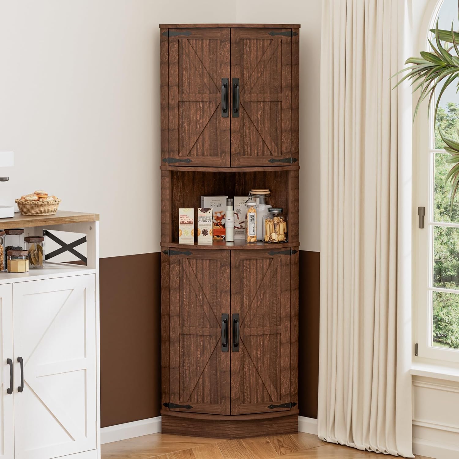 Buffet d’Angle BonVache Étagère d’Angle Étroit 165x56x41,5 cm marron, armoire haute multi-usages rustique farmhouse pour salon cuisine bureau salle de bain, 59,99€ au lieu de 149,49€ sur Amazon.
