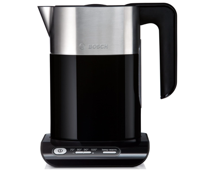 Bouilloire Bosch TWK8613P 2400W avec sélection de température et fonction maintien au chaud, capacité 1,5L, design double paroi inox.