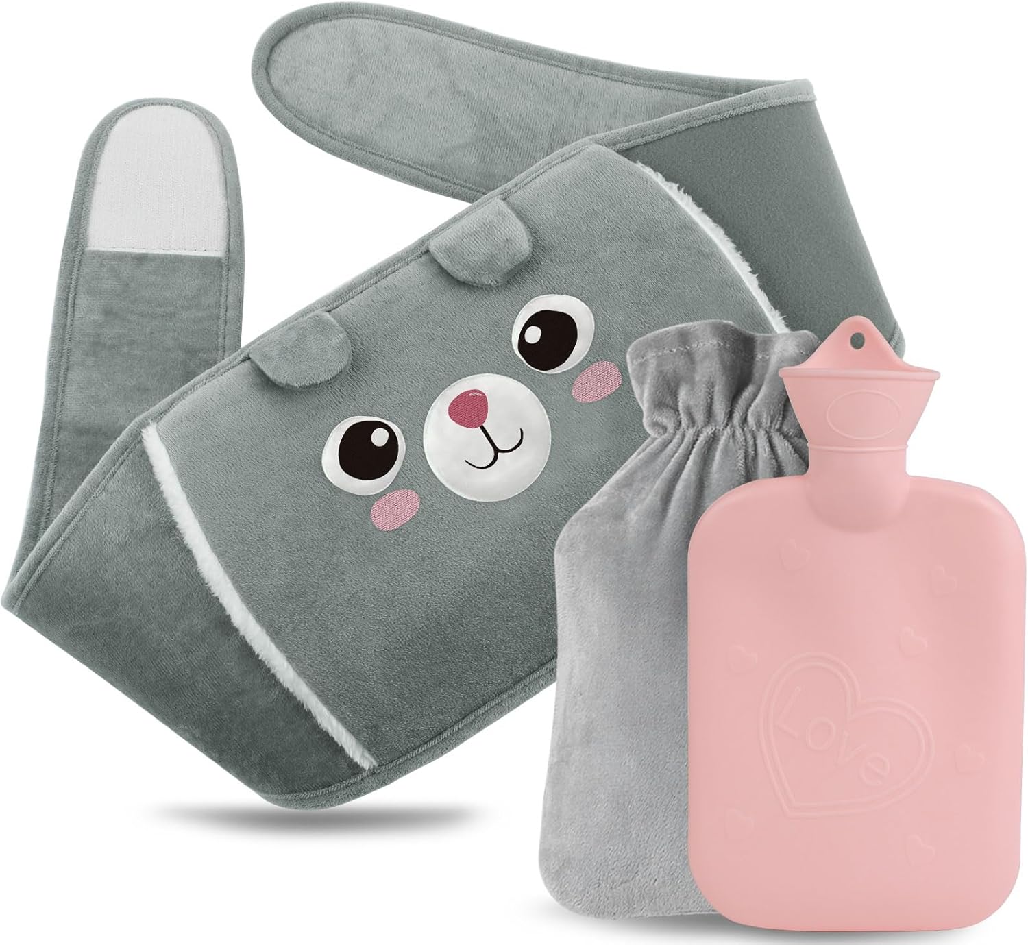 Bouillotte 3-en-1 avec ceinture et housse peluche (rose), 1 L, anti-fuite, usage chaud/froid, promo Amazon 11,39 €.