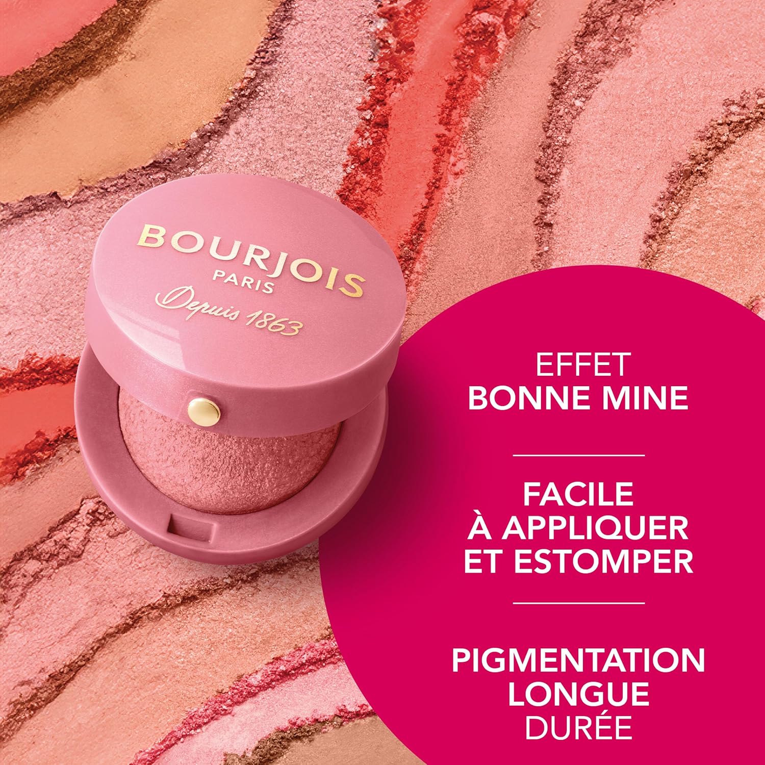  Bourjois Blush Boîte Ronde 34 Rose d’Or — poudre fard cuit, fini lumineux, pinceau et miroir intégrés, format compact, effet bonne mine