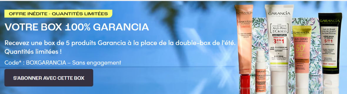 Bannière présentant la box Garancia de 5 produits de beauté à 18,90 €, pour une valeur totale annoncée de 67 €.