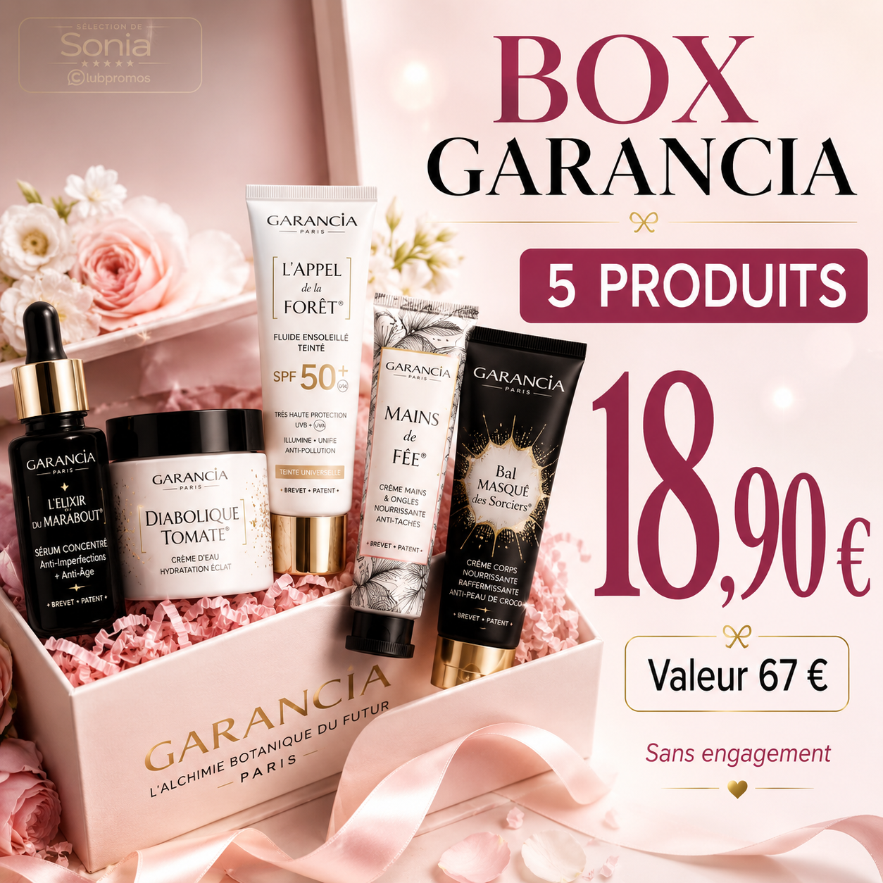 Box beauté Garancia comprenant 5 soins pour le visage et le corps, proposée à 18,90 € pour une valeur annoncée de 67 €