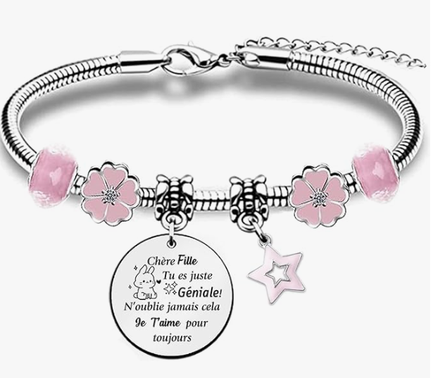 Bracelet à charms avec messages gravés, chaîne serpent en acier inoxydable et breloques émaillées multicolores, idée cadeau encouragement amour à 4,99€ sur Amazon.