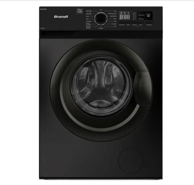 : Lave-linge hublot Brandt WFB383QN noir, 8 kg, moteur induction, classe énergétique A, essorage jusqu’à 1400 tr/min, largeur 60 cm, vendu par Cdiscount