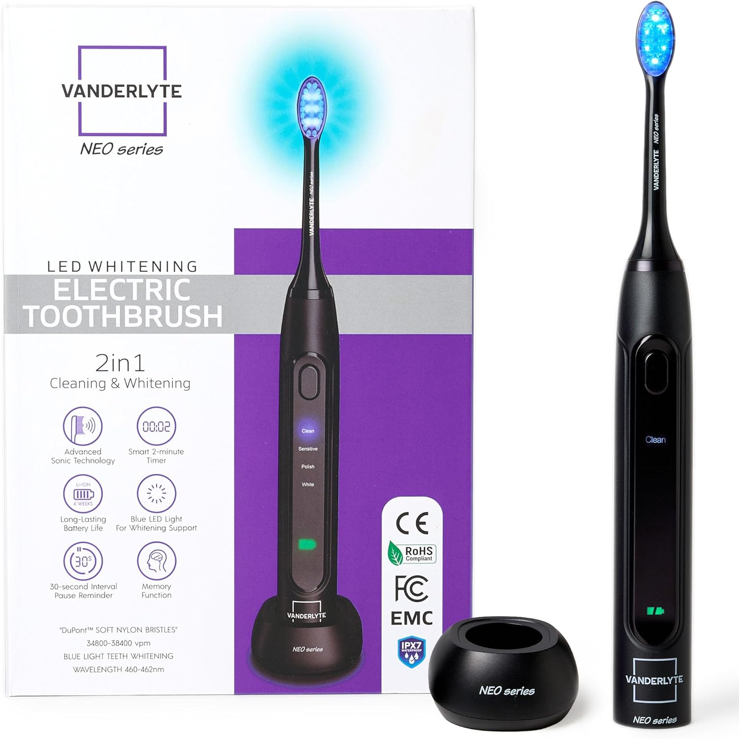 Brosse à dents électrique VANDERLYTE noire avec lumière LED bleue, sonique, 4 modes, base à induction, waterproof