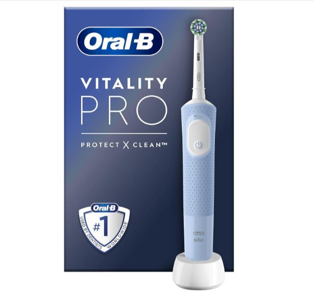 Brosse à dents électrique rechargeable Oral-B Vitality Pro bleu avec tête ronde, 3 modes (Propreté, Douceur, Douceur+), minuteur 2 minutes avec rappel toutes les 30 secondes, bon plan Amazon à 17,20€ au lieu de 30€.