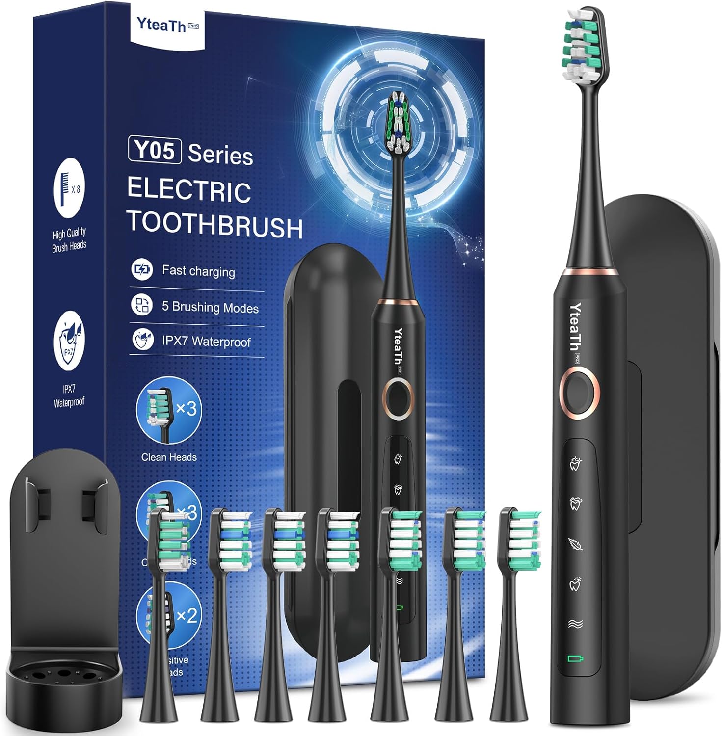 Brosse à dents sonique rechargeable YTEATH PRO – avec 8 têtes de rechange – 5 modes – minuterie intelligente – IPX7 – étui de voyage – hygiène bucco-dentaire – bon plan Amazon