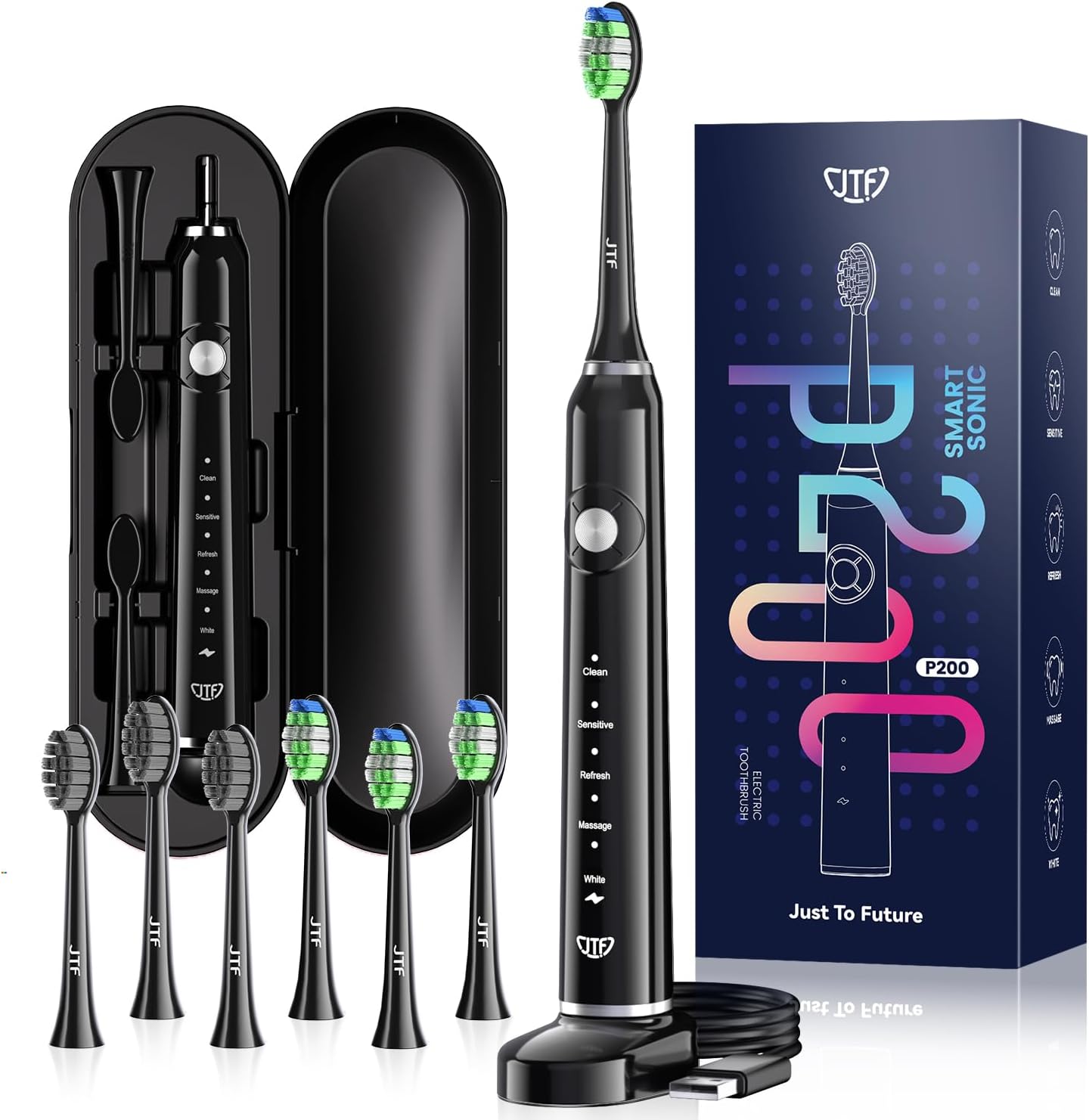 Brosse à dents électrique sonique JTF, 40 000 VPM, 6 têtes incluses, promo Amazon