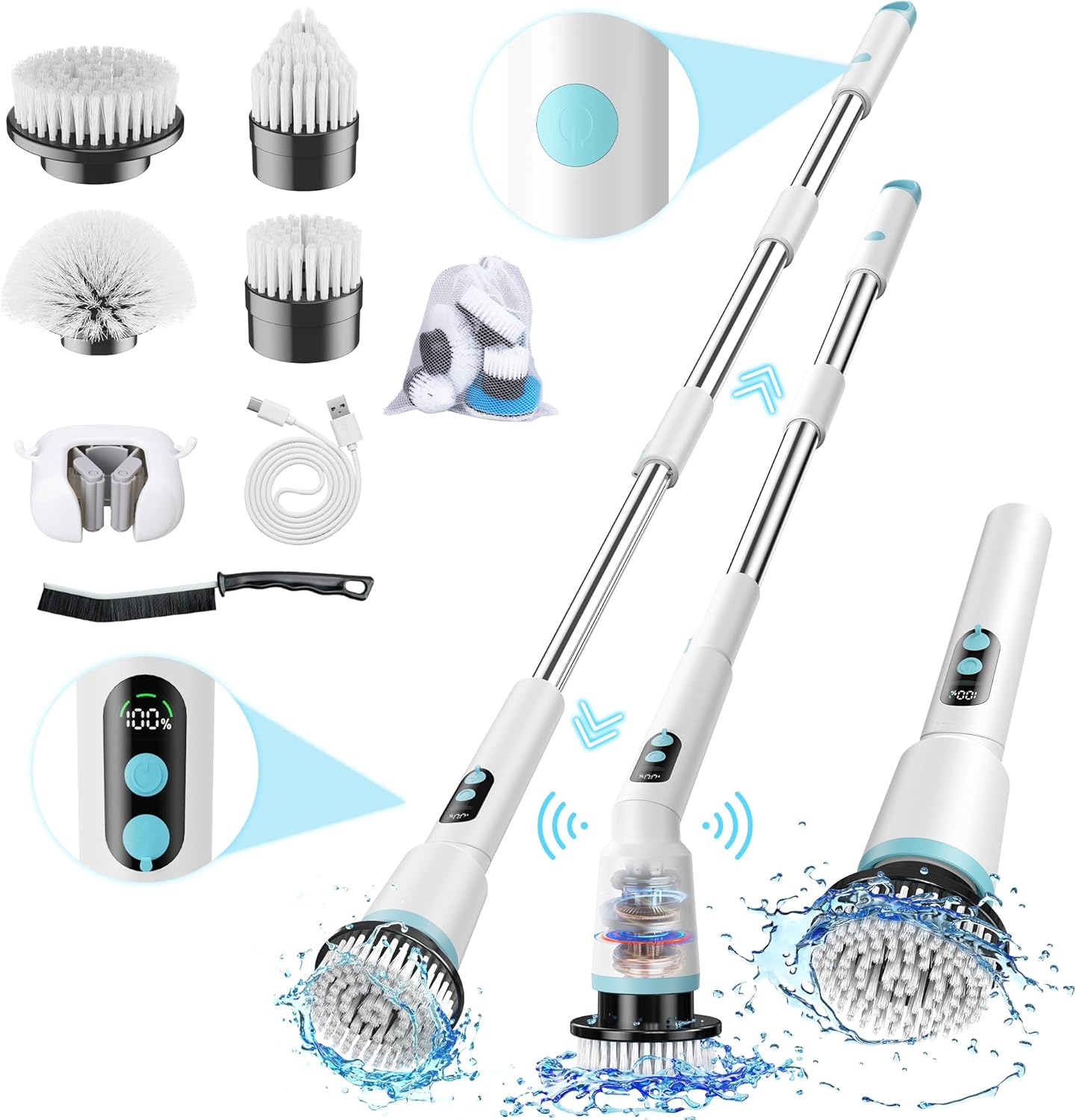  : Brosse nettoyante électrique Kimeetol sans fil, 9 embouts, manche télescopique, contrôle à distance, étanchéité IPX7, idéale pour salle de bain, douche, vitres, sol et jantes, à prix réduit sur Amazon – ClubPromos