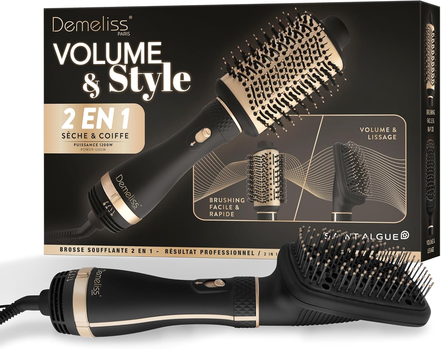 Brosse soufflante 2 en 1 Demeliss Saint Algue VOLUME & STYLE avec têtes interchangeables, revêtement céramique et tourmaline, moteur 1200 W, utilisée pour lisser et donner du volume à des cheveux longs et brillants.