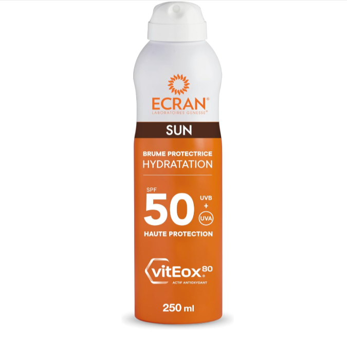 Brume Protectrice Hydratante ECRAN SPF 50 avec technologie vitEox80, vitamine E, protection UVA UVB, lumière bleue, infrarouges et pollution, proposée à 8,71€ sur Amazon.