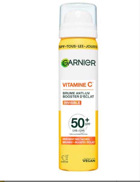 Brume visage Garnier SPF50+ avec vitamine C et E – Fini invisible, protection solaire UVA/UVB – 75 ml format compact à petit prix sur Amazon