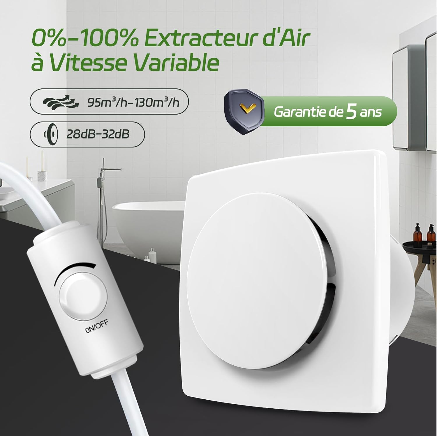 Extracteur d'air Bumsou 100 mm, silencieux et puissant, pour salle de bain, WC, garage et plus.