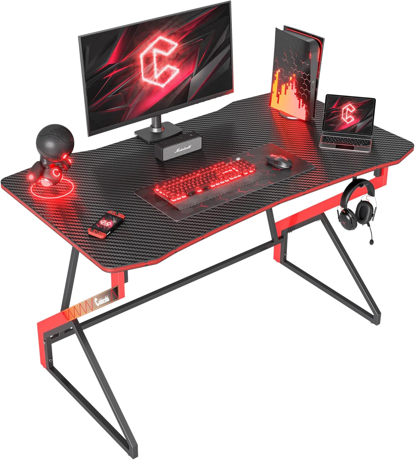 Bureau gamer CubiCubi 100x60 cm avec surface fibre de carbone, structure en Z et crochet casque – Idéal gaming, télétravail et études