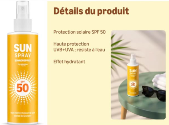 Lotion solaire en spray SPF 50 By Amazon 200 ml, haute protection UVB UVA, résistante à l’eau, absorption rapide, testée dermatologiquement, avec aloe vera, panthénol, huile d’olive et vitamine E, en bon plan à 4,88€ au lieu de 5,40€ sur Amazon.