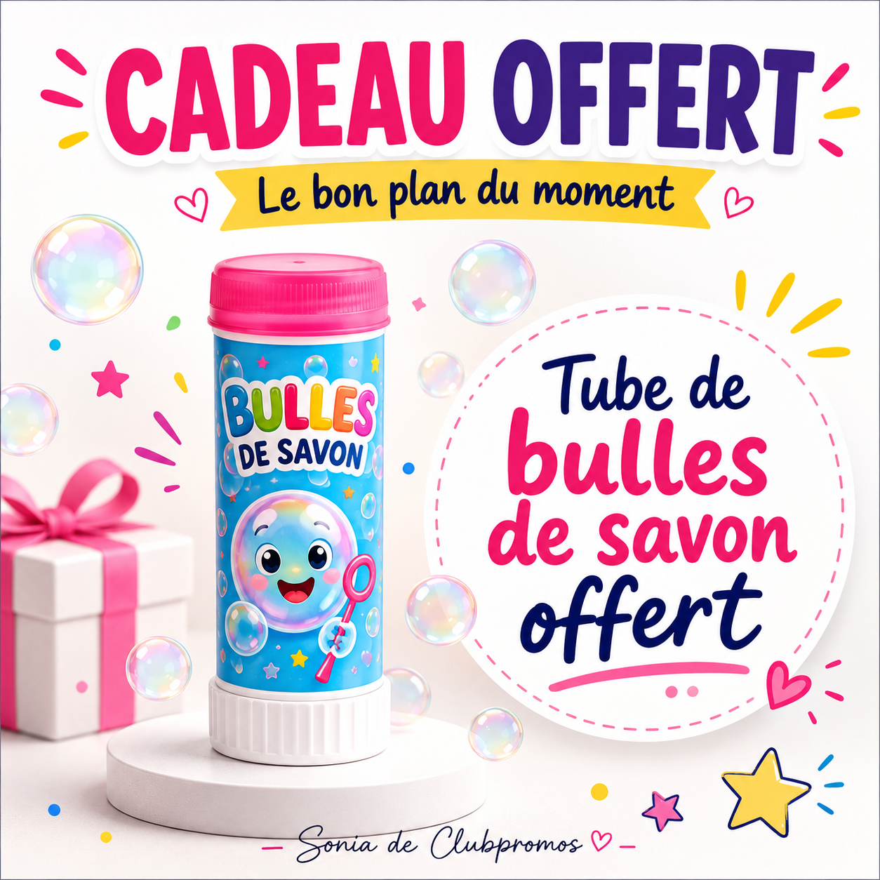 Visuel dédié au tube de bulles de savon offert, présenté comme un cadeau gratuit simple, ludique et familial à retrouver dans la sélection des bons plans du jour sur Clubpromos.
