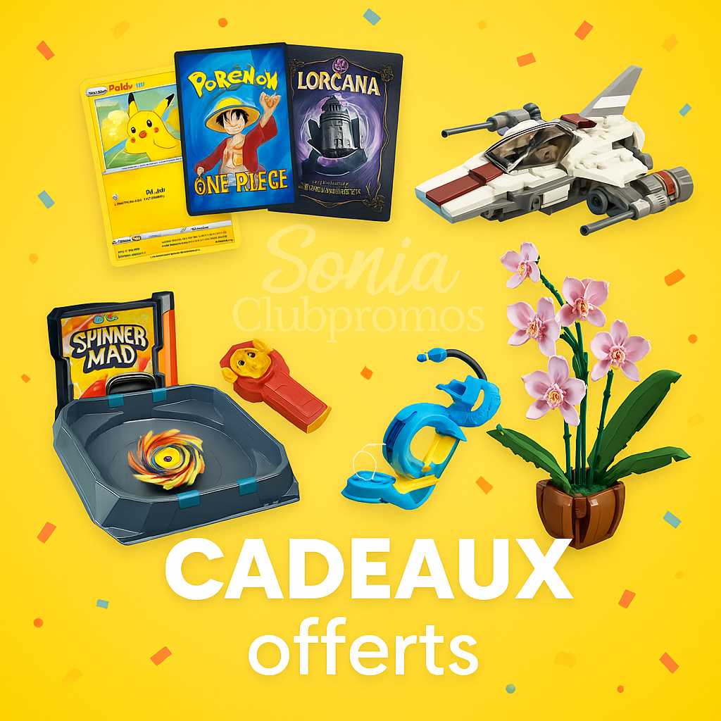 Visuel promotionnel King Jouet mettant en avant des cadeaux offerts pour enfants, incluant des cartes à collectionner Pokémon, One Piece et Lorcana, un vaisseau LEGO Star Wars, une orchidée LEGO pour la fête des mères, un set Spinner MAD et un pistolet à bulles géantes. 