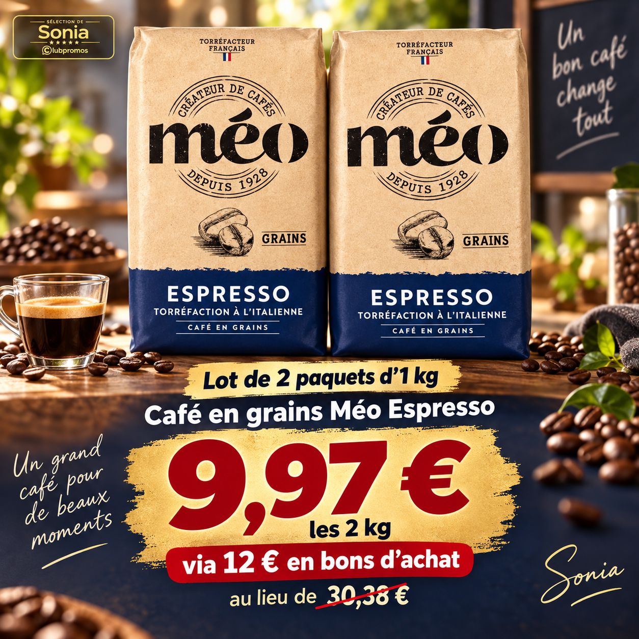 Lot de 2 paquets de café en grains Méo Espresso 1 kg à 9,97 euros après 12 euros en bons d’achat