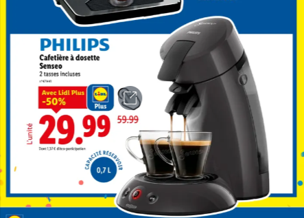  Cafetière Philips Senseo Original en promotion à 29,99€ avec Lidl Plus – Offre en ligne limitée – Jusqu’à -50% de réduction sur le prix initial de 59,99€ – 1 ou 2 tasses simultanées, dosettes souples, 1450 W, arrêt automatique – Idéale pour un café rapide à petit prix.