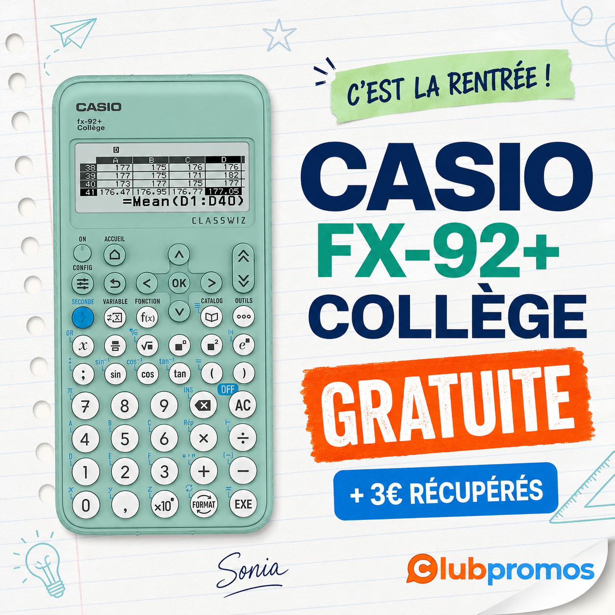 Calculatrice scientifique Casio FX-92+ Collège verte proposée gratuitement en bon d’achat chez Bureau Vallée avec 3 € remboursés en plus par Casio.