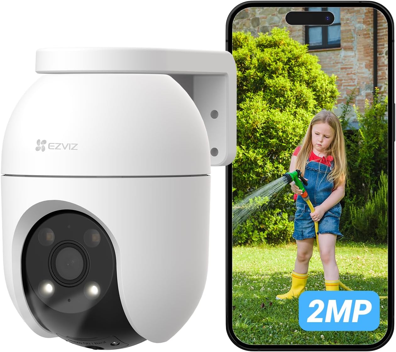 Caméra de surveillance extérieure EZVIZ C8c 2MP WiFi à 360°, détection humaine intelligente, suivi automatique, vision nocturne en couleur, audio bidirectionnel, sirène intégrée, étanchéité IP65, compatible Alexa et Google Assistant.