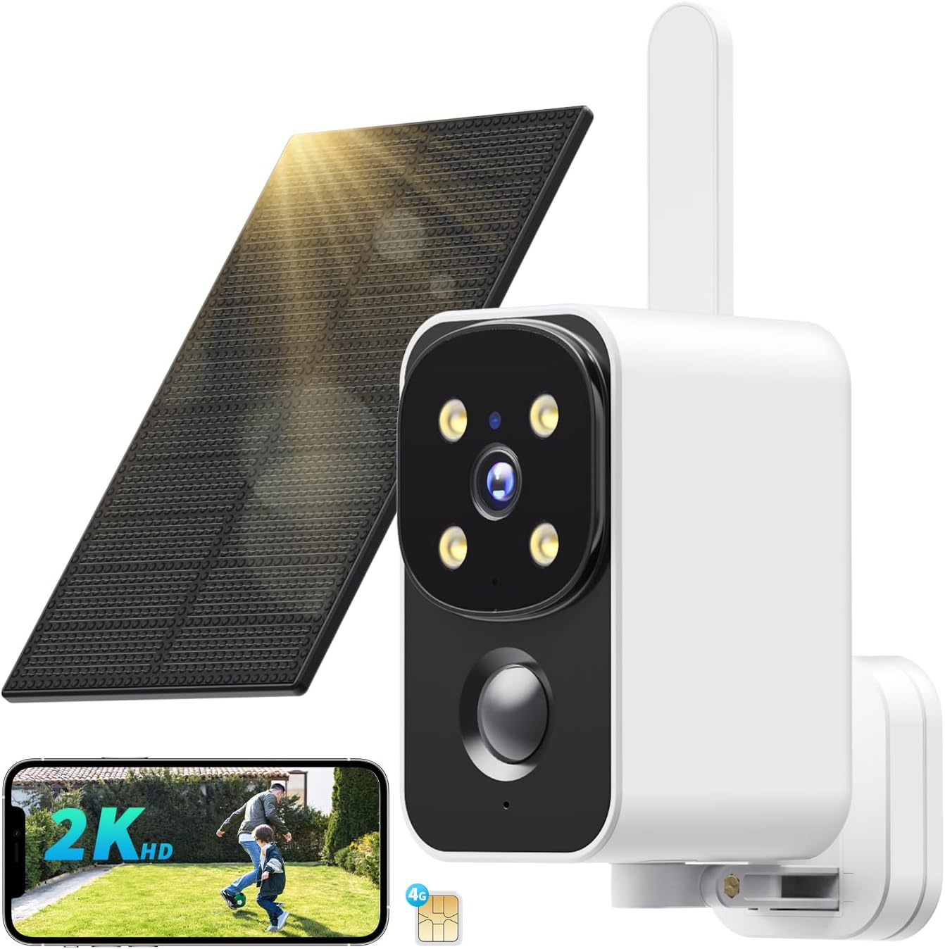 Caméra de surveillance PESAIR 4G LTE sans WiFi, vision nocturne couleur 2K, 180° pivotant, batterie 9000mAh et panneau solaire pour une surveillance extérieure sans f