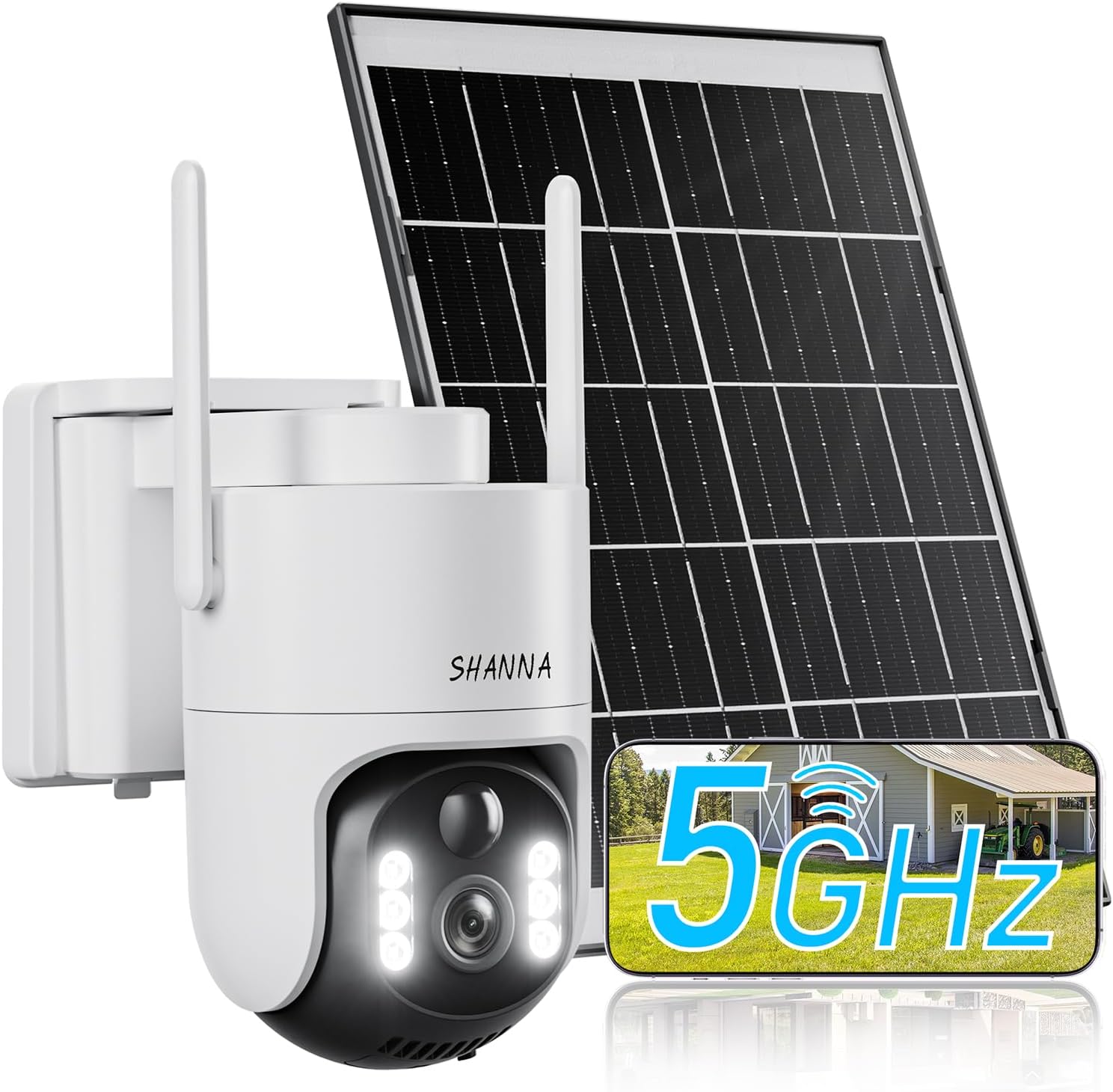 Caméra extérieure solaire Wi-Fi 5 GHz & 2,4 GHz — 2K/4 MP, vision nocturne couleur, batterie 8000 mAh + panneau 7 W, PTZ 360°, audio bidirectionnel, IP66 — bon plan Amazon 37,99 €.