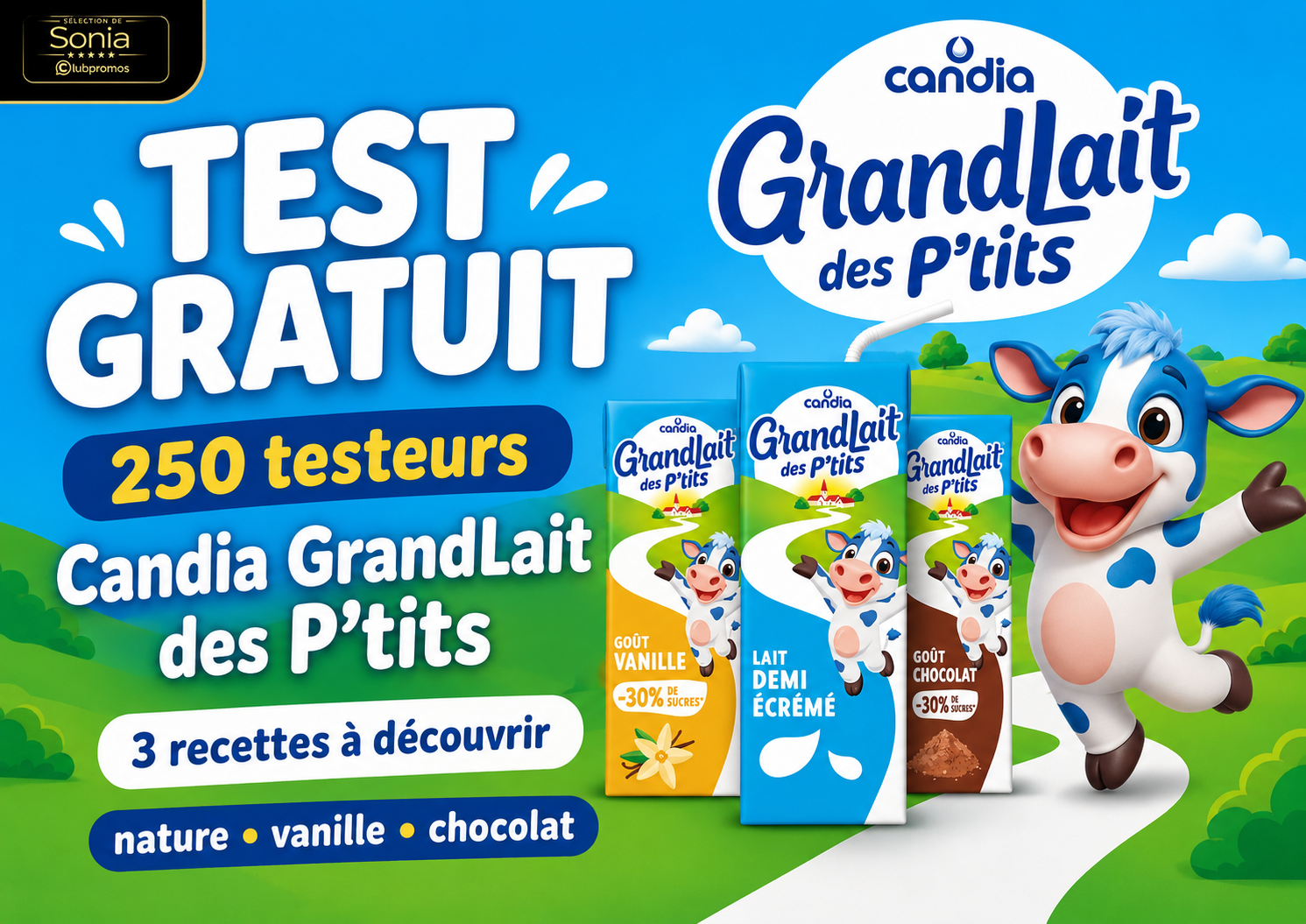 250 testeurs recherchés pour tester gratuitement Candia GrandLait des P’tits nature, vanille et chocolat